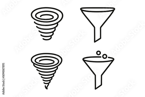 Vector filter and funnel line icon set. Data filtering, sales funnel, conversion process concepts. Vortex, spiral, tornado outline signs for web, app, UI, UX design.