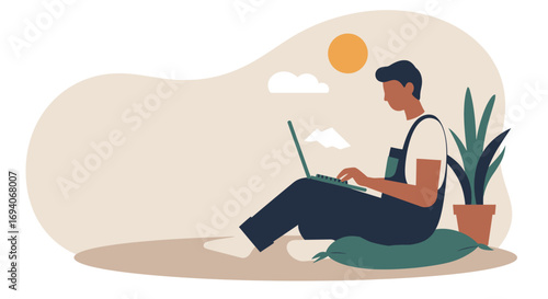 Person works on laptop in a calm outdoor setting, embodying remote work, digital nomad, and flexible modern lifestyle.