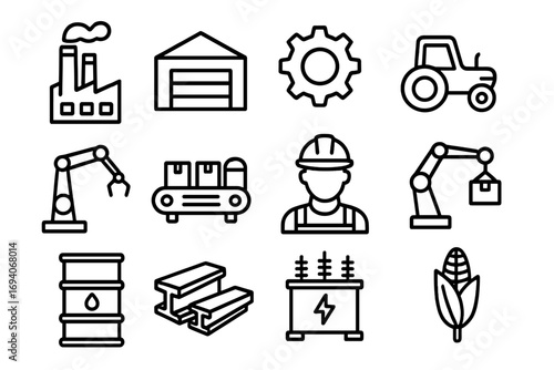 Industrial line icon set. Factory, manufacturing, production, warehouse, and logistics symbols. Automation with robotic arm and conveyor. Agriculture, energy, and construction.