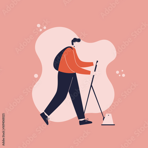 A person with a backpack using a metal detector for an outdoor adventure or treasure hunt, representing exploration and discovery. Ideal for travel, hobby, or search concepts.
