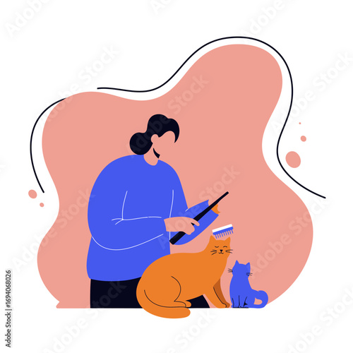 Person lovingly grooms their pet cats, demonstrating responsible pet care and affection. Ideal for articles on animal welfare, home life, or pet product advertising.