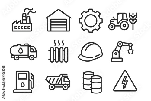 Industry line icon set. Factory, manufacturing, construction, agriculture, energy and transport vector icons. Warehouse, gear, tractor, truck, robotic arm, helmet pictogram.