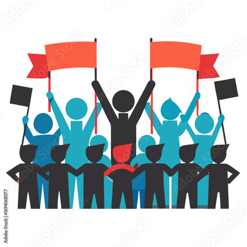 Silhouettes of a protest crowd holding banners