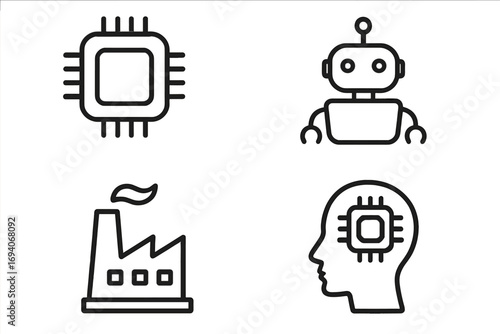 Technology line icon set. Chip, CPU, robot, factory, AI head. Concepts for manufacturing, automation, machine learning, deep learning, bionics, industry. Vector outline signs.
