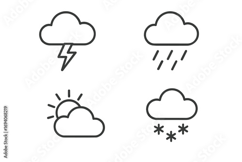 Weather line icon set for web and graphic design. Sun, cloud, rain, snow, lightning bolt symbols. Simple outline vector illustration for forecast app, UI, UX pictogram.