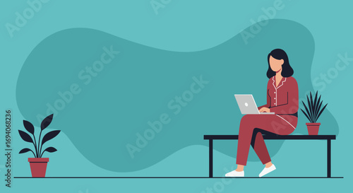 Comfortable woman in pajamas typing on laptop at home, representing remote work, online learning, and a relaxed, flexible lifestyle.