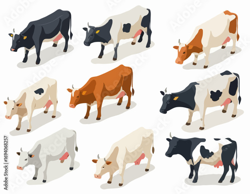 Isometric 3d vector set of cows.