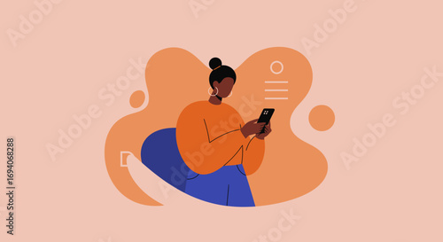 Young woman focused on her smartphone, engaging with digital content or communicating online in a modern, illustrative style. Ideal for technology, communication, and lifestyle concepts.