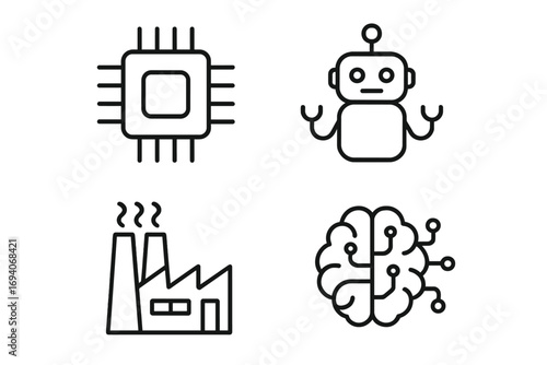 Technology line icon pack. Chip processor, robot, factory industry, AI brain symbols. Vector outline signs for graphic web design. Automation, artificial intelligence concept.