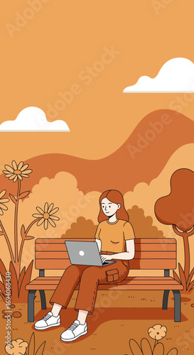 Illustration of a woman using a laptop on a park bench, symbolizing remote work, freelancing, education, and a balanced lifestyle.