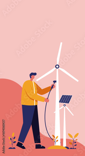 Man charging a device from a wind turbine, symbolizing clean energy, sustainable technology, and a green future for business and the environment.