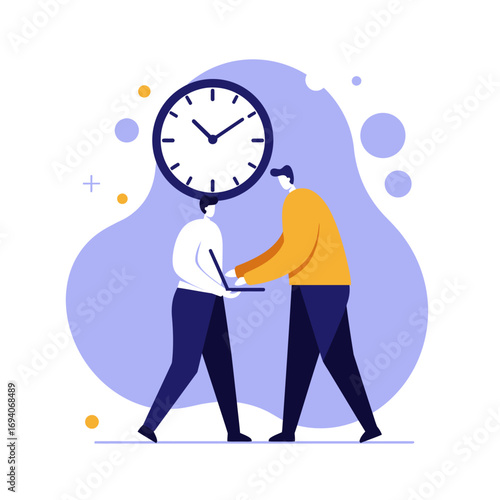 Two business professionals collaborate on a project with a laptop, emphasizing efficient teamwork and time management. Ideal for business, productivity, and strategy concepts.