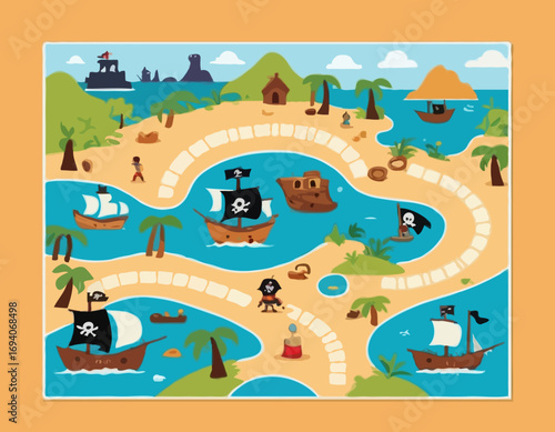 Vector flat style illustration of kids pirate board game