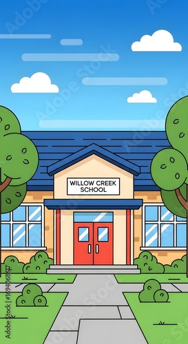 Illustration of a school building with a blue roof, red doors, and green trees under a blue sky.