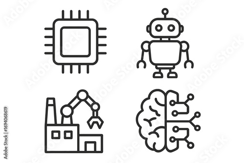 Technology line icon set. Artificial intelligence, robot, factory automation, cpu chip. Future tech concepts for web and graphic design. Vector illustration outline signs.