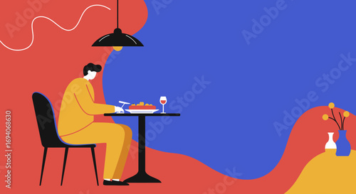 Abstract illustration of a person dining solo at a restaurant, enjoying food and wine. Represents modern lifestyle, leisure, and culinary experiences.