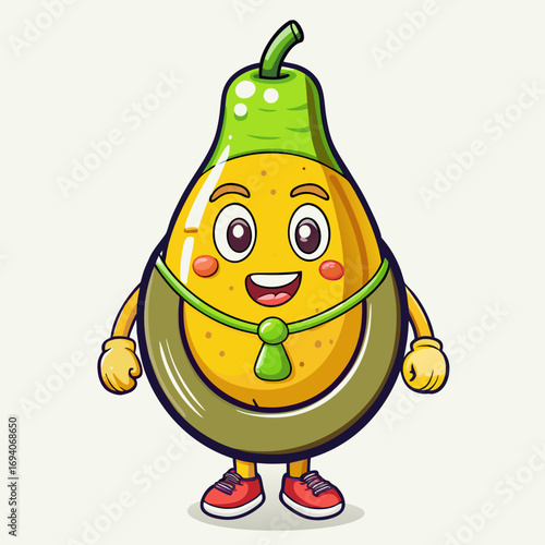 Cartoon pear character looks funny while floating with swimming tires