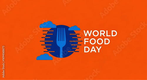 World Food Day Graphic with Blue Fork, Circle, Clouds, and Horizontal Lines