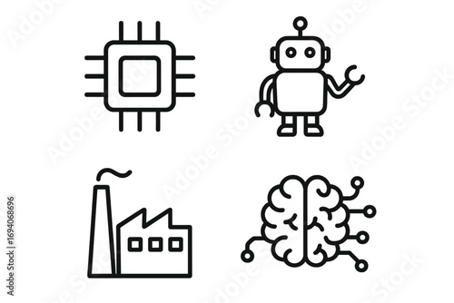 Technology & industry line icon pack. AI, processor chip, robot, factory symbols. Artificial intelligence, automation, manufacturing, neural network concepts. Outline vector icons.