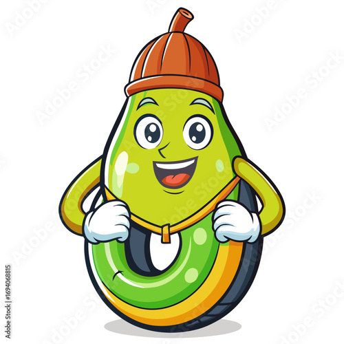 Cute pear smiles happily while wearing colorful swimming tires