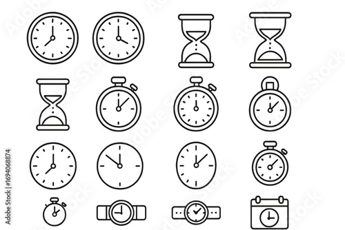 Time and clock line icon set. Watch, hourglass, timer, stopwatch signs. Schedule, deadline, management concept. Editable stroke. Simple outline vector illustration for web.