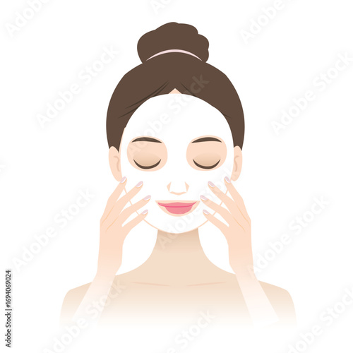 Beautiful young woman applying facial sheet mask for skincare, hydration and relaxation. Vector illustration for beauty, spa, cosmetics, skincare treatment, self care and wellness concept.