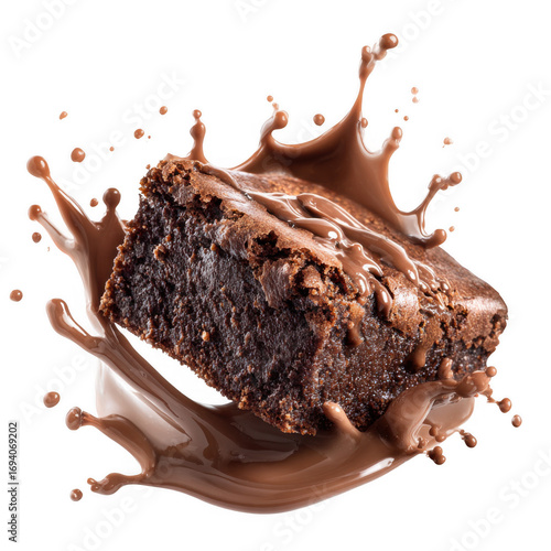 Brownie piece with chocolate splash isolated [Transparent Background PNG]