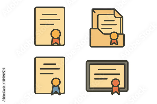 Certificate and diploma icon set. Vector license, patent, and award symbols. Filled outline graphic collection for education, business, and achievement concepts. Quality guarantee seal.