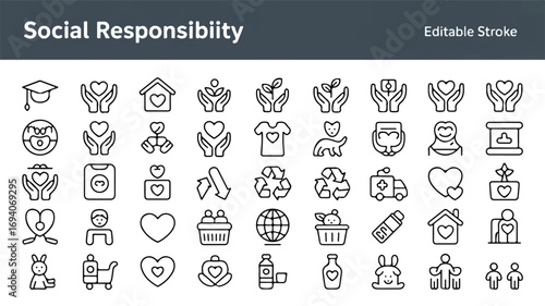 Set of 40 editable stroke line icons for charity, environmental care, and community support concepts