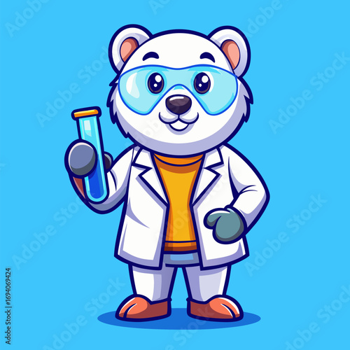 Cute polar bear scientist smiles while holding a colorful lab tube