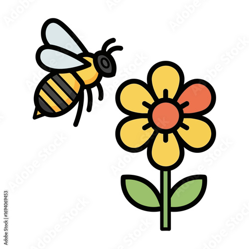 A stylized bee flying towards a vibrant flower.