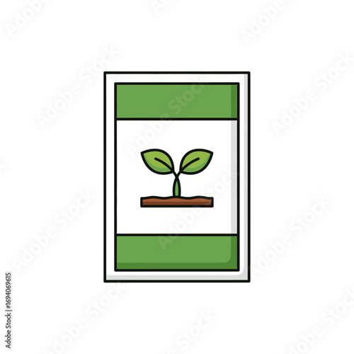 Seed packet illustration featuring a small sprout growing from soil, set against a white background with green accents.