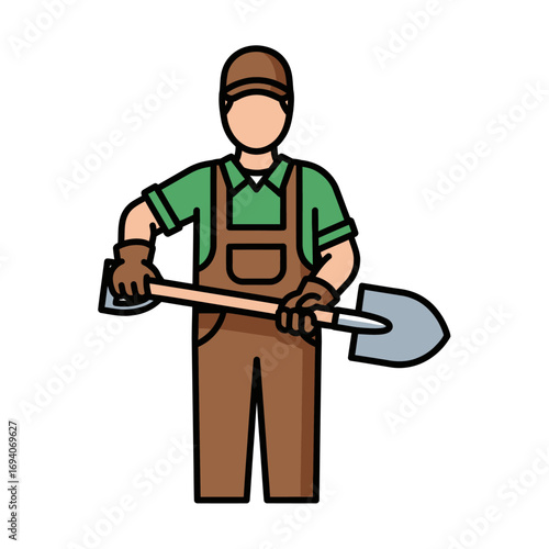 Illustration of a construction worker or gardener holding a shovel, wearing overalls and gloves.