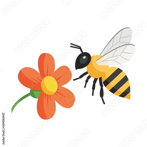 Cartoon bee hovering near an orange flower, illustration of pollination.