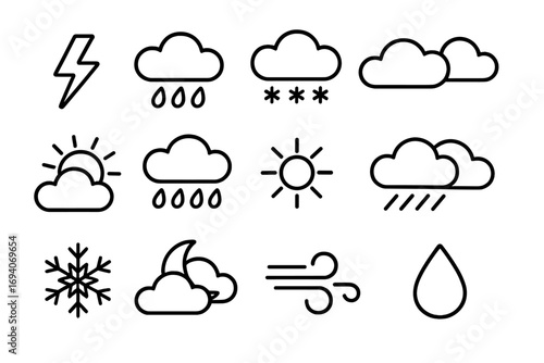 Weather line icon set. Meteorology and climate forecast symbols. Sun, cloud, rain, snow, wind, lightning storm, moon outline pictogram collection for web and mobile app UI/UX.