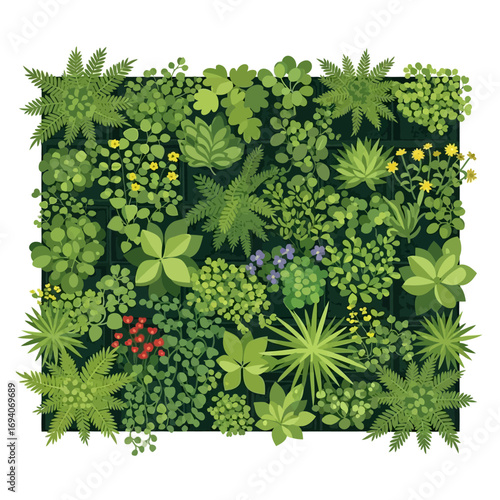 A vibrant illustration of a vertical garden, showcasing a variety of lush plants and greenery.