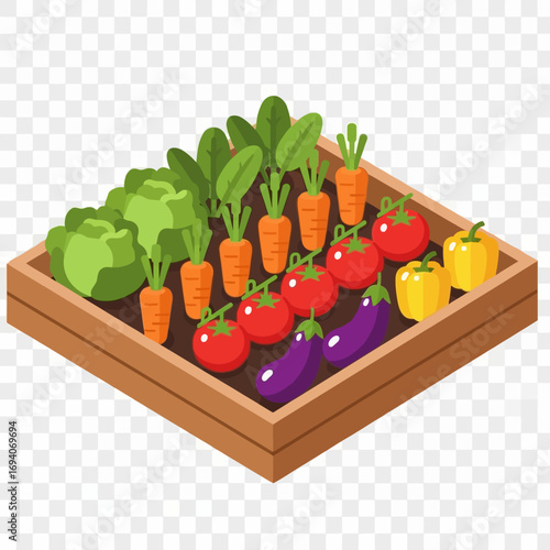 Vibrant vegetable garden in a wooden planter box, showcasing ripe carrots, tomatoes, peppers, and leafy greens.