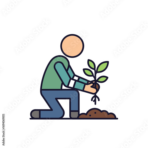 Illustration of a person kneeling and planting a small seedling with green leaves in a mound of soil.