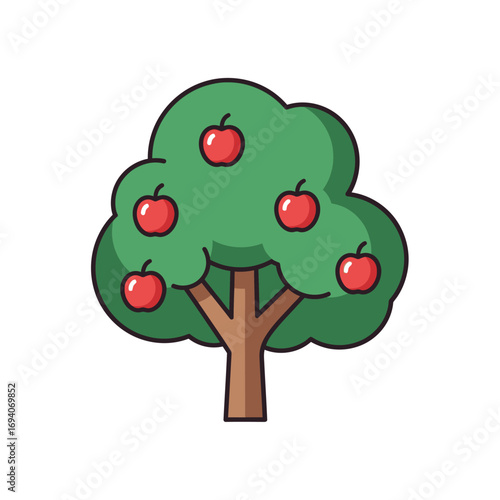 A vibrant illustration of a cartoon apple tree bearing ripe, red fruit.