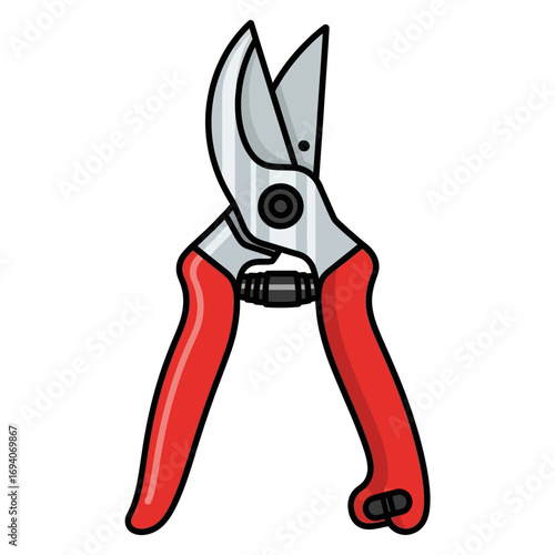 Red-handled pruning shears, isolated on white background, illustration.