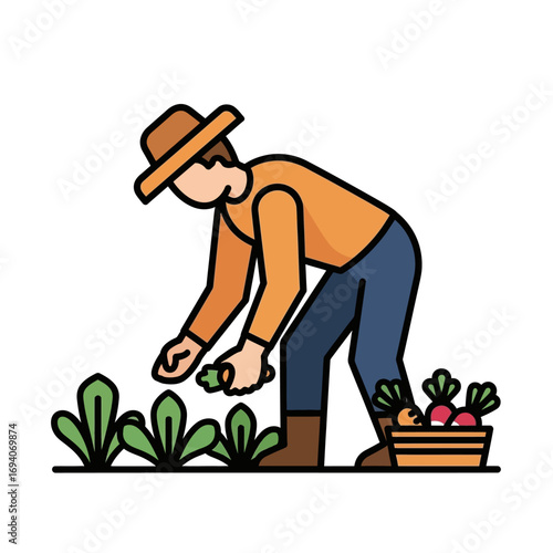 Cartoon illustration of a farmer harvesting radishes in a field, wearing a hat and boots, with a basket full of vegetables.