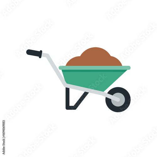 A green wheelbarrow filled with brown soil, shown in a simple, flat vector illustration against a white background.
