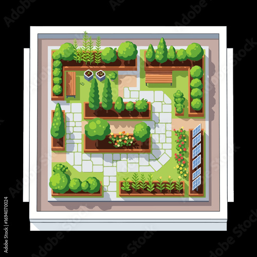 Top-down view of a meticulously landscaped rooftop garden with various plants, paths, and seating areas.