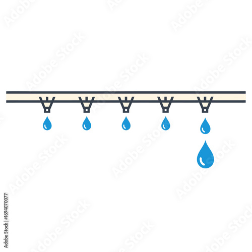Illustration of a drip irrigation system with water droplets falling from multiple emitters along a horizontal pipe.