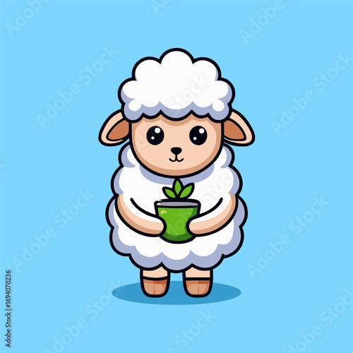 Cute sheep happily holds fresh grass inside a cup of coffee