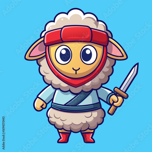 sheep ninja poses bravely while holding shiny shuriken