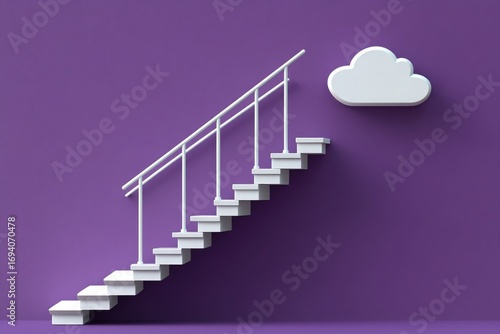 3d white cloud icon floating above simple stairs on purple background in side view minimalist style