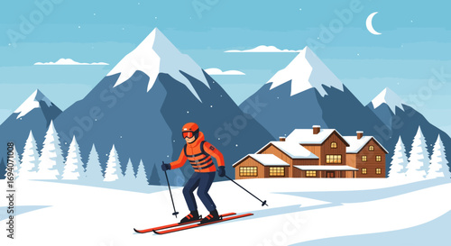 A skier carves down a snowy slope towards a cozy cabin in a mountain landscape.