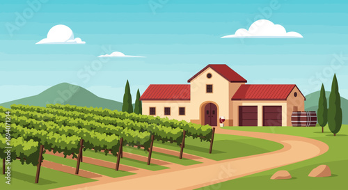 A vineyard landscape with a charming farmhouse, showcasing a peaceful rural scene.