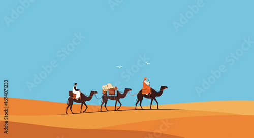 Three camels traverse a desert landscape, carrying riders and cargo under a clear blue sky.